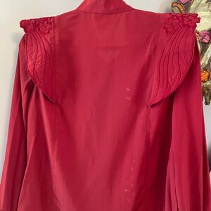 70s Winged Red Women's Button Up Blouse w Long Sleeves Embroidered Shoulder